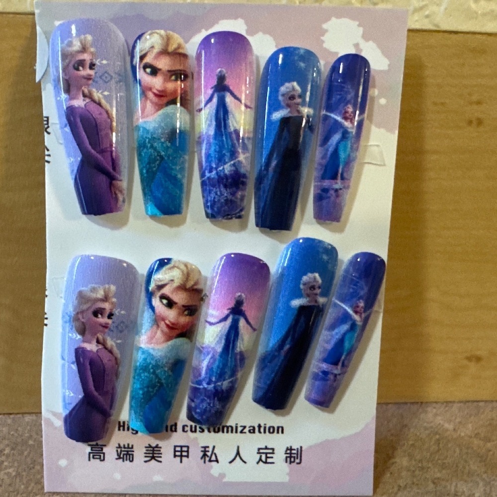 Elsa Frozen Themed Press On Nails Long Coffin Blue Purple 10pc Set